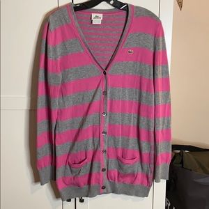 Lacoste Pink/Grey Striped V Neck Cardigan large